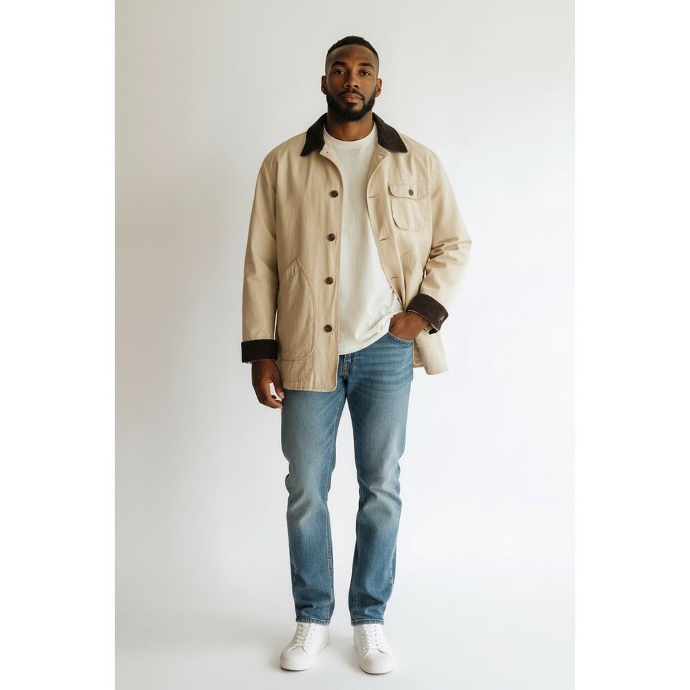Vintage Men’s Gap Barn Coat Fleece lined Leather Collar Corduroy Cuff Medium tan